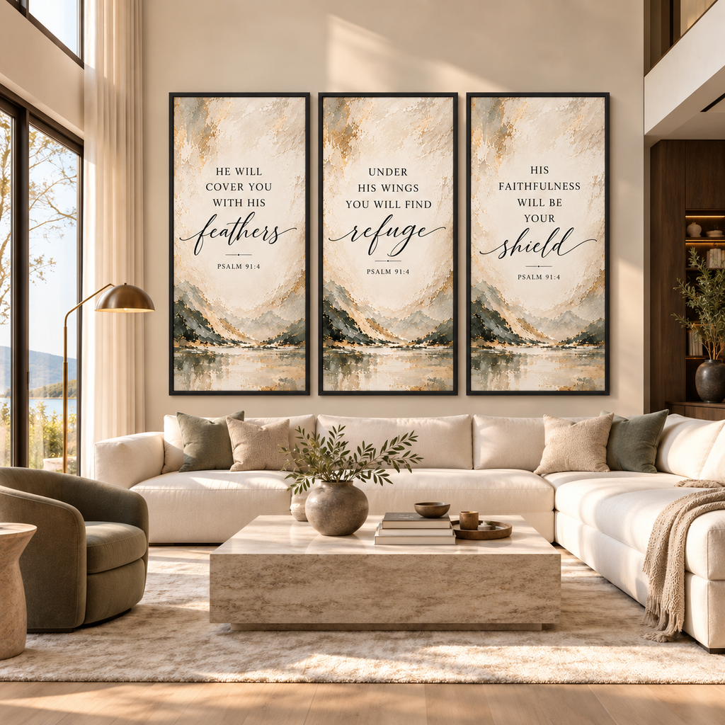 Psalm 91:4 Christian Canvas Wall Art Set of 3 – Feathers, Shield & Refuge