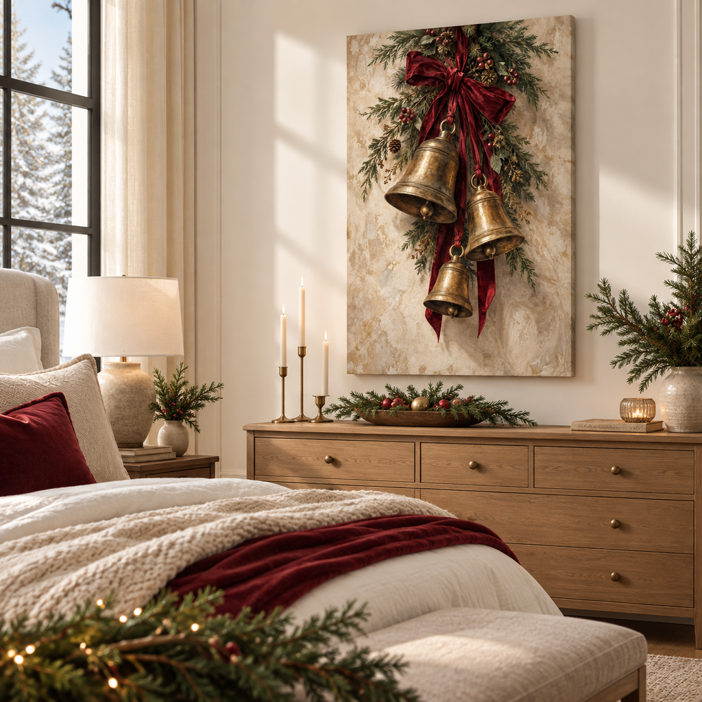 Antique Brass Christmas Bells & Evergreen Swag Canvas Wall Art