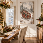 Vintage Christmas Sleigh Canvas Wall Art | Snowy Holiday Landscape
