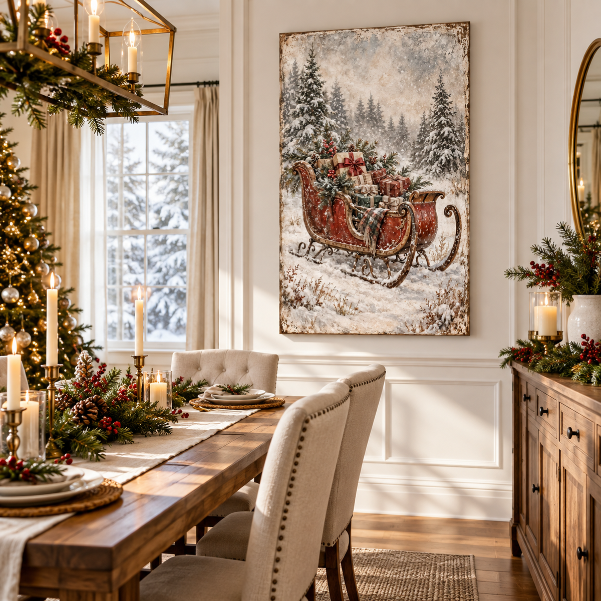 Vintage Christmas Sleigh Canvas Wall Art | Snowy Holiday Landscape