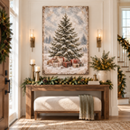 Vintage Snowy Christmas Tree & Gifts Canvas Wall Art