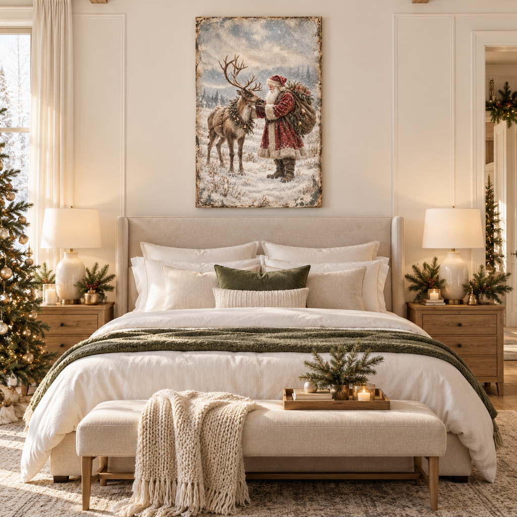 Vintage Santa & Reindeer in the Snow – Christmas Canvas Wall Art