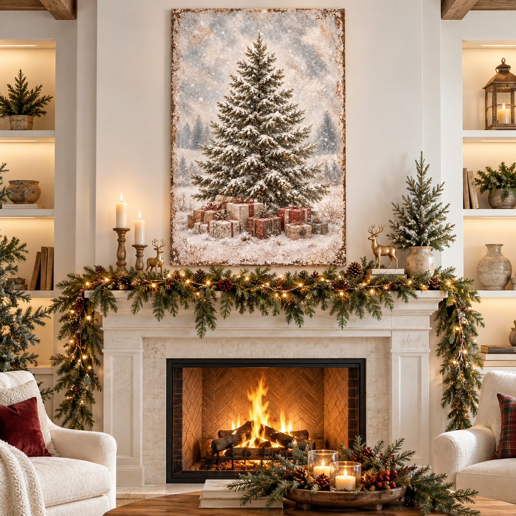 Vintage Snowy Christmas Tree & Gifts Canvas Wall Art