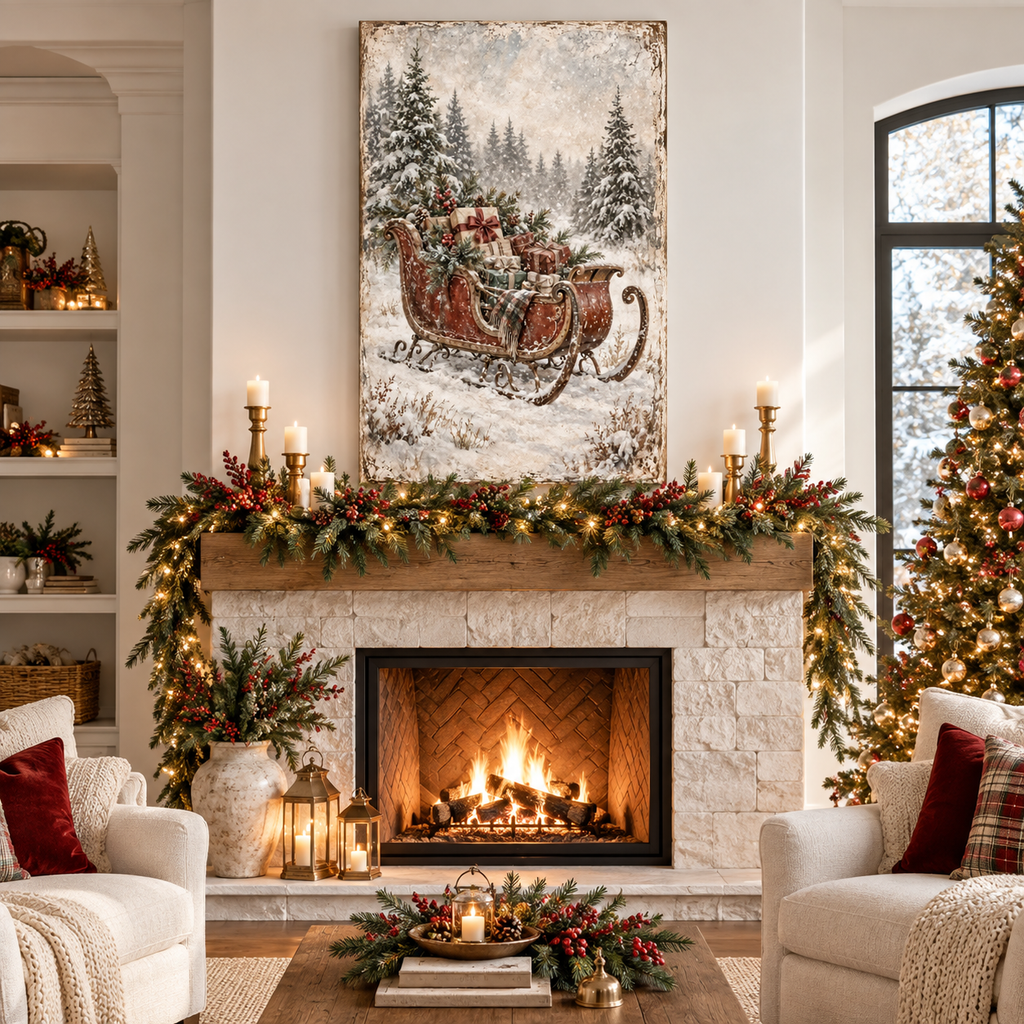 Vintage Christmas Sleigh Canvas Wall Art | Snowy Holiday Landscape
