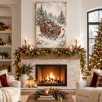 Vintage Christmas Sleigh Canvas Wall Art | Snowy Holiday Landscape