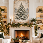 Vintage Snowy Evergreen Canvas Wall Art | Winter Pine Tree Landscape
