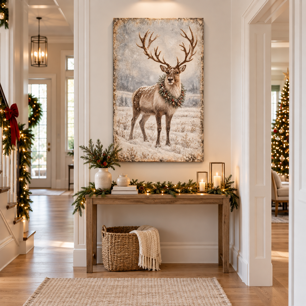 Vintage Reindeer Christmas Canvas Wall Art | Rustic Winter Décor