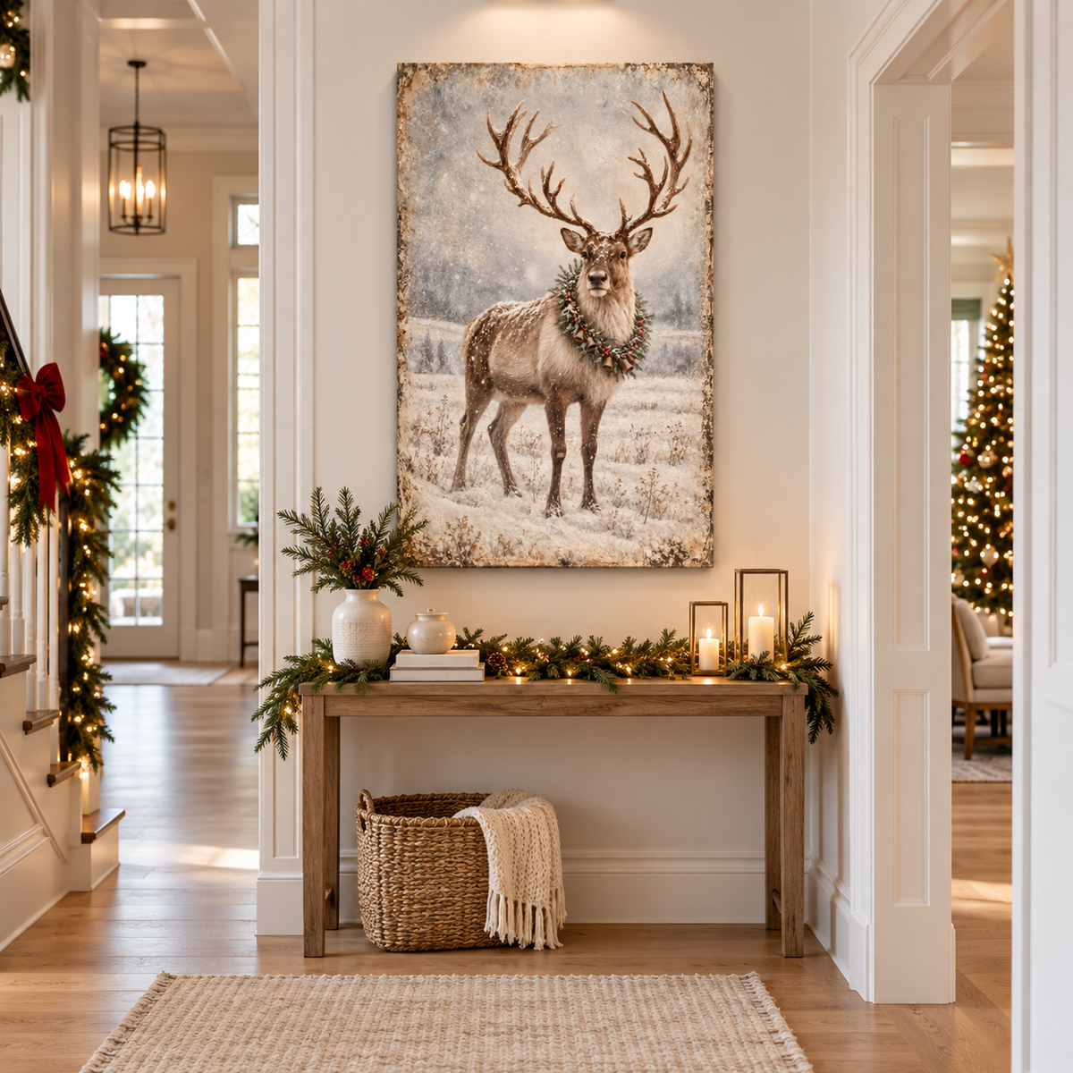 Vintage Reindeer Christmas Canvas Wall Art | Rustic Winter Décor
