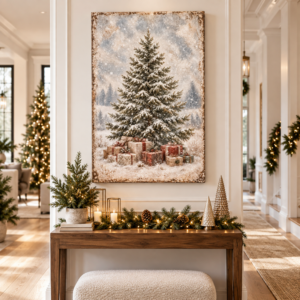 Vintage Snowy Christmas Tree & Gifts Canvas Wall Art