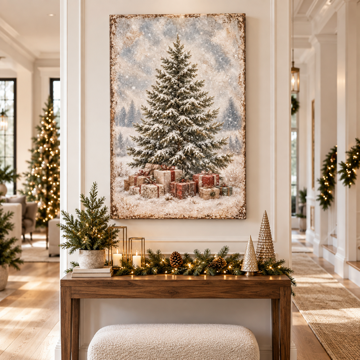 Vintage Snowy Christmas Tree & Gifts Canvas Wall Art
