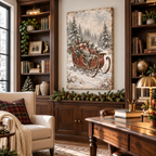 Vintage Christmas Sleigh Canvas Wall Art | Snowy Holiday Landscape