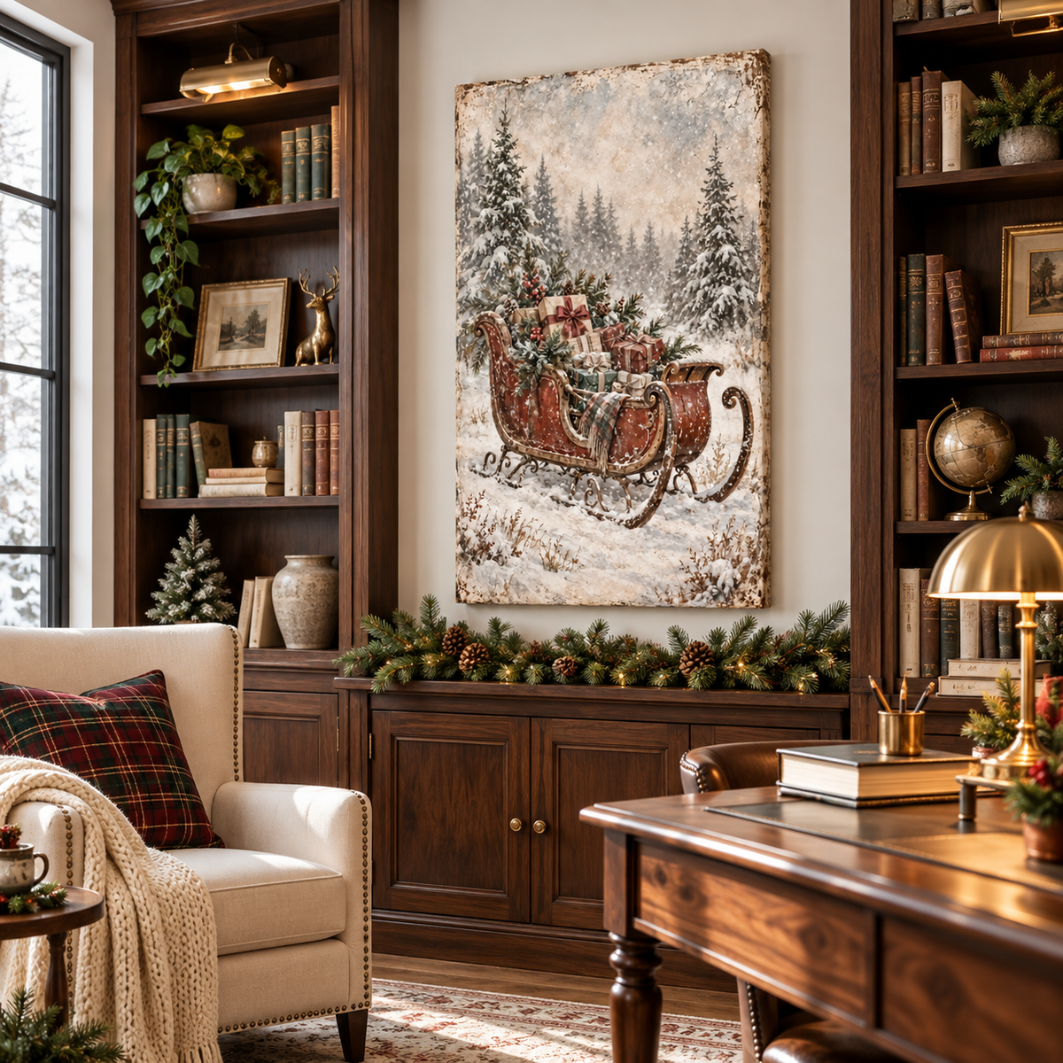 Vintage Christmas Sleigh Canvas Wall Art | Snowy Holiday Landscape