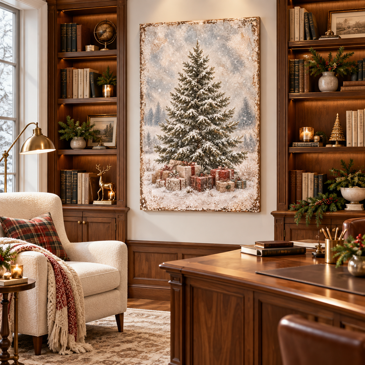 Vintage Snowy Christmas Tree & Gifts Canvas Wall Art