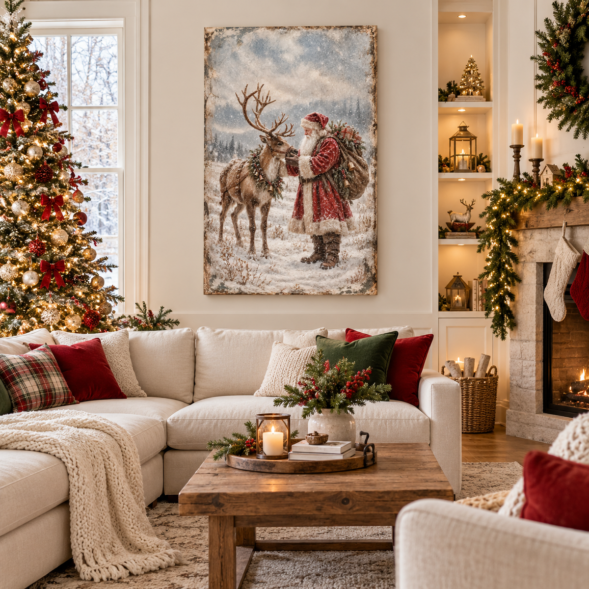 Vintage Santa & Reindeer in the Snow – Christmas Canvas Wall Art