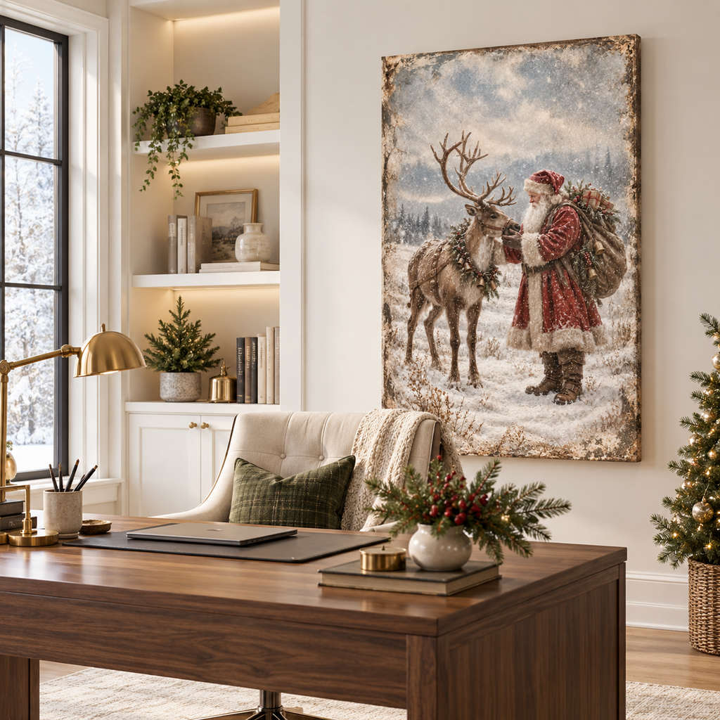 Vintage Santa & Reindeer in the Snow – Christmas Canvas Wall Art