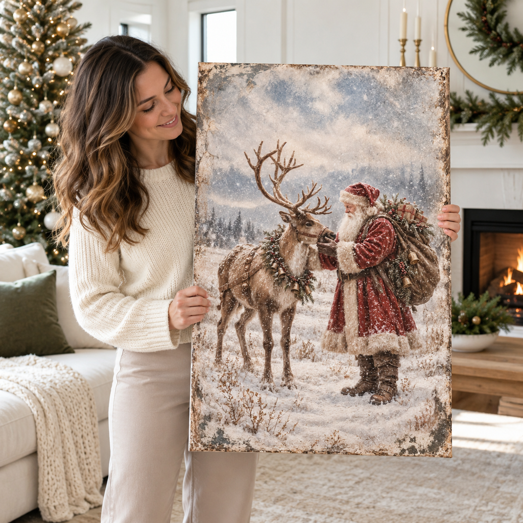Vintage Santa & Reindeer in the Snow – Christmas Canvas Wall Art