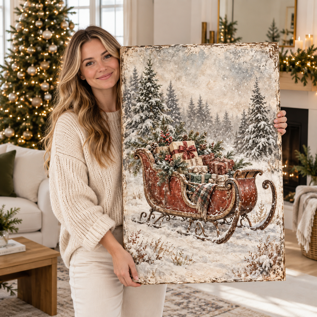 Vintage Christmas Sleigh Canvas Wall Art | Snowy Holiday Landscape