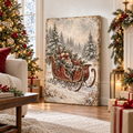 Vintage Christmas Sleigh Canvas Wall Art | Snowy Holiday Landscape