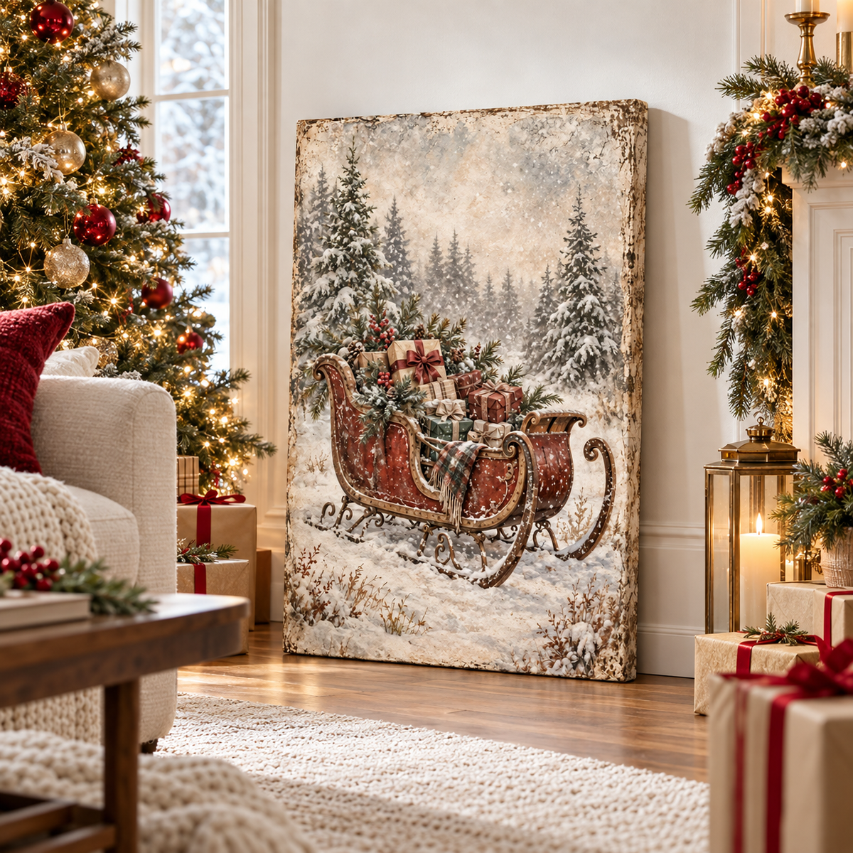 Vintage Christmas Sleigh Canvas Wall Art | Snowy Holiday Landscape
