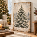 Vintage Snowy Evergreen Canvas Wall Art | Winter Pine Tree Landscape
