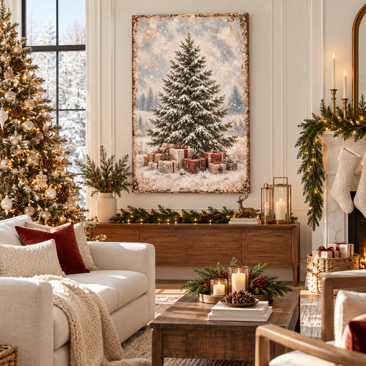 Vintage Snowy Christmas Tree & Gifts Canvas Wall Art