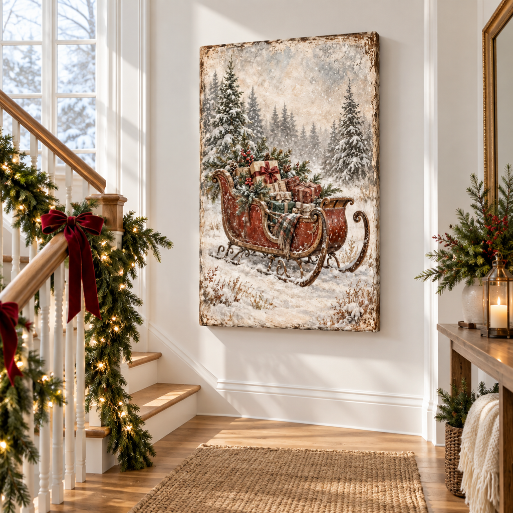 Vintage Christmas Sleigh Canvas Wall Art | Snowy Holiday Landscape