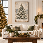 Vintage Snowy Evergreen Canvas Wall Art | Winter Pine Tree Landscape