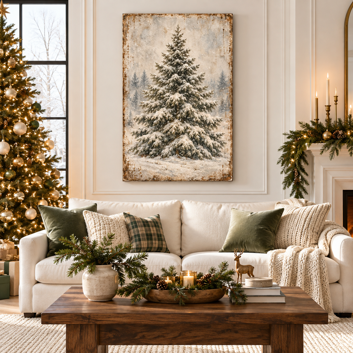 Vintage Snowy Evergreen Canvas Wall Art | Winter Pine Tree Landscape