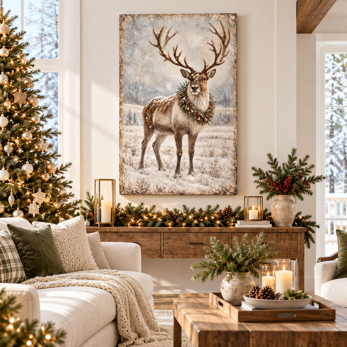 Vintage Reindeer Christmas Canvas Wall Art | Rustic Winter Décor