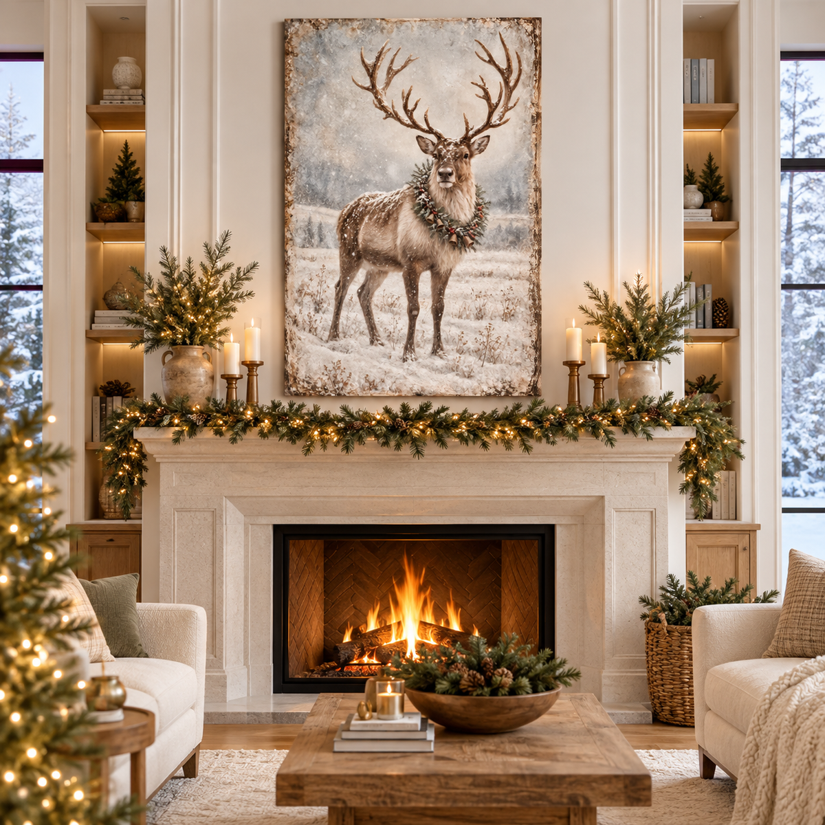 Vintage Reindeer Christmas Canvas Wall Art | Rustic Winter Décor