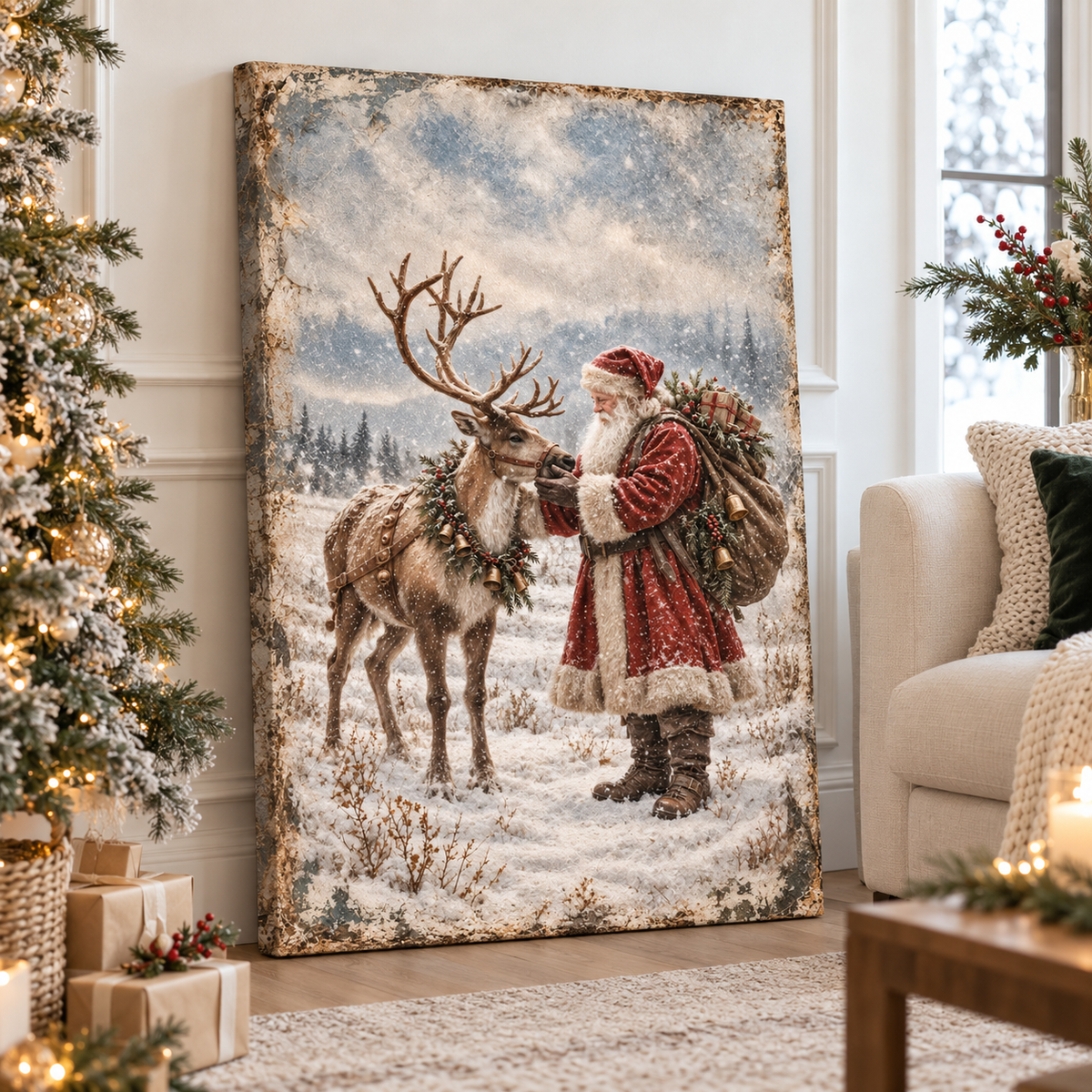 Vintage Santa & Reindeer in the Snow – Christmas Canvas Wall Art