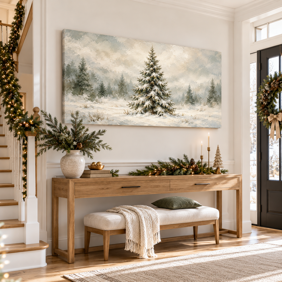 Snow-Laden Evergreen in a Misty Winter Field Wall Art