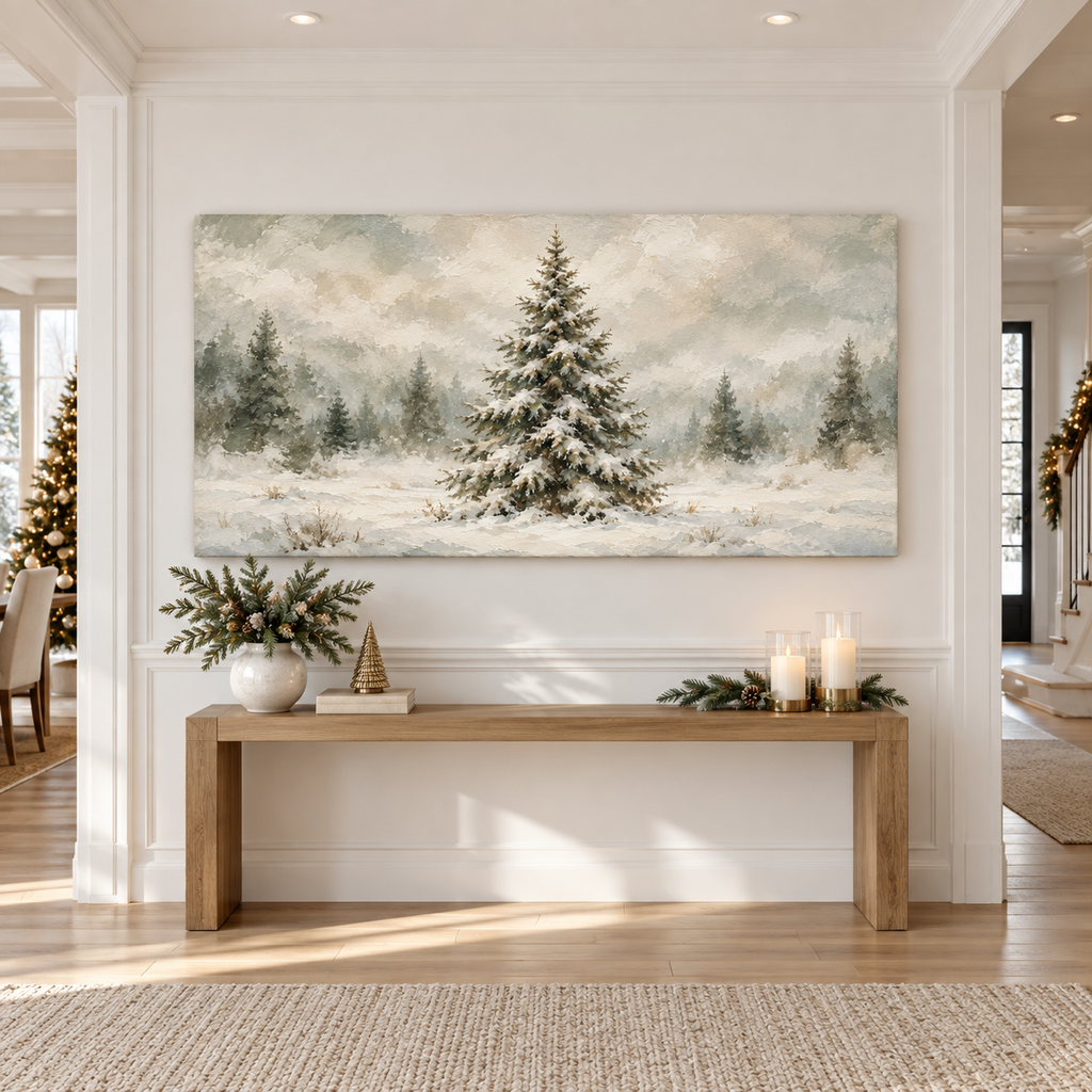 Snow-Laden Evergreen in a Misty Winter Field Wall Art