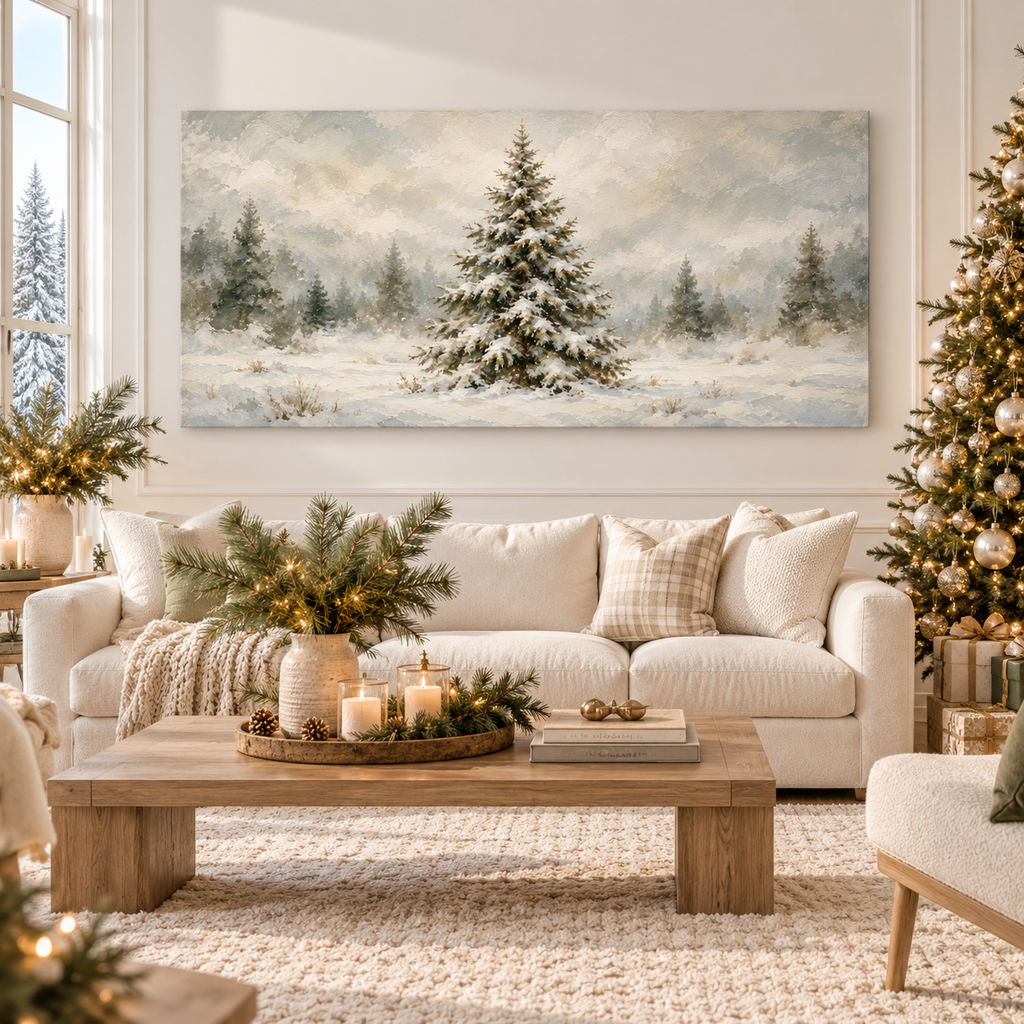 Snow-Laden Evergreen in a Misty Winter Field Wall Art