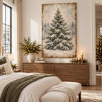 Vintage Snowy Evergreen Canvas Wall Art | Winter Pine Tree Landscape
