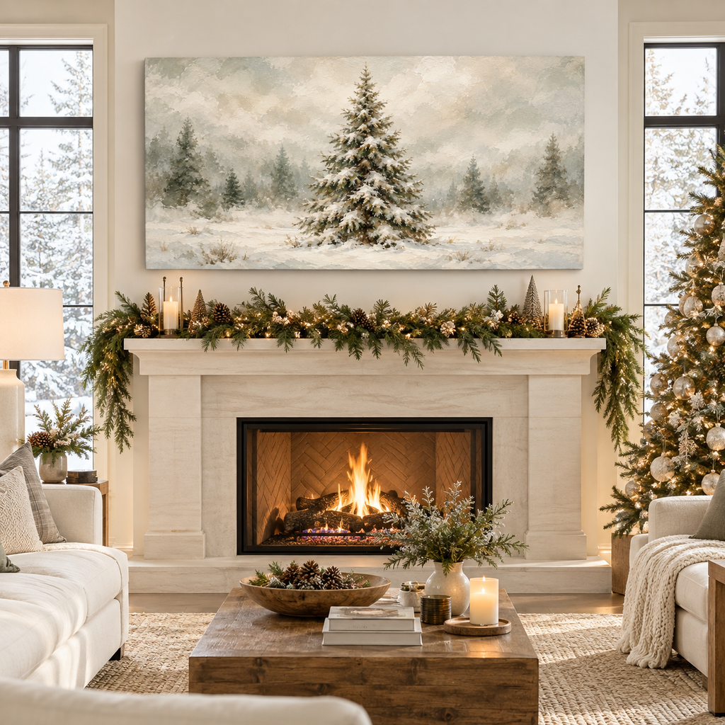 Snow-Laden Evergreen in a Misty Winter Field Wall Art