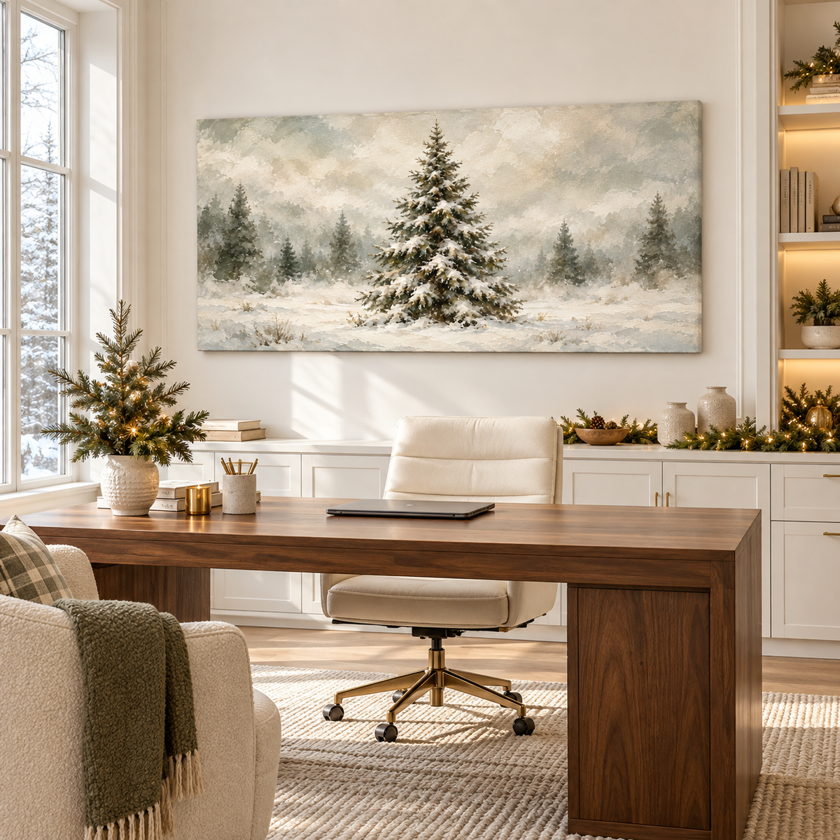 Snow-Laden Evergreen in a Misty Winter Field Wall Art