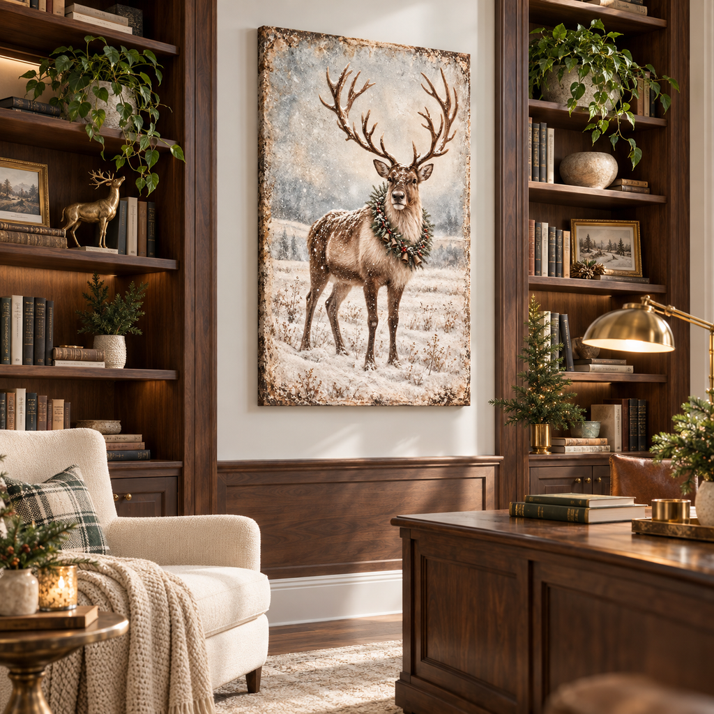 Vintage Reindeer Christmas Canvas Wall Art | Rustic Winter Décor