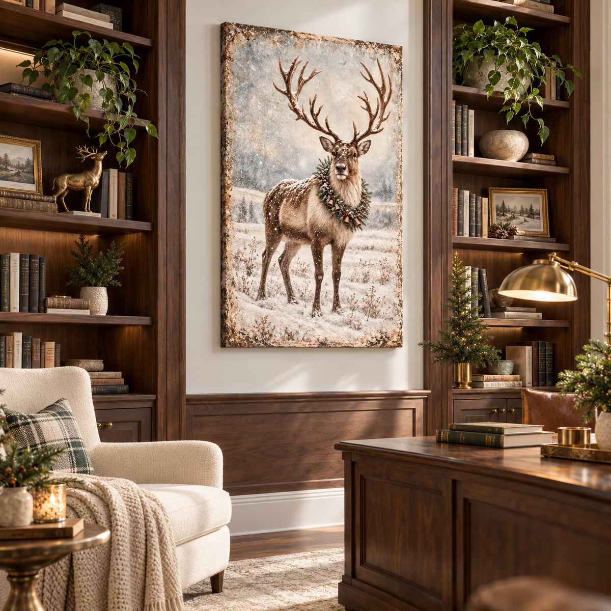 Vintage Reindeer Christmas Canvas Wall Art | Rustic Winter Décor