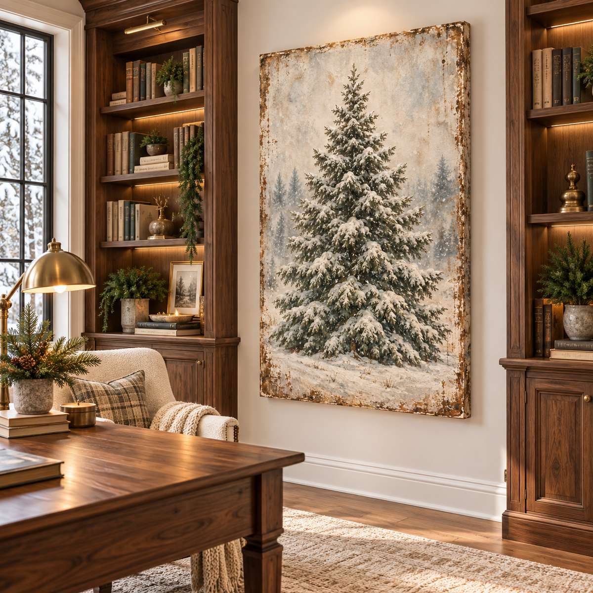 Vintage Snowy Evergreen Canvas Wall Art | Winter Pine Tree Landscape
