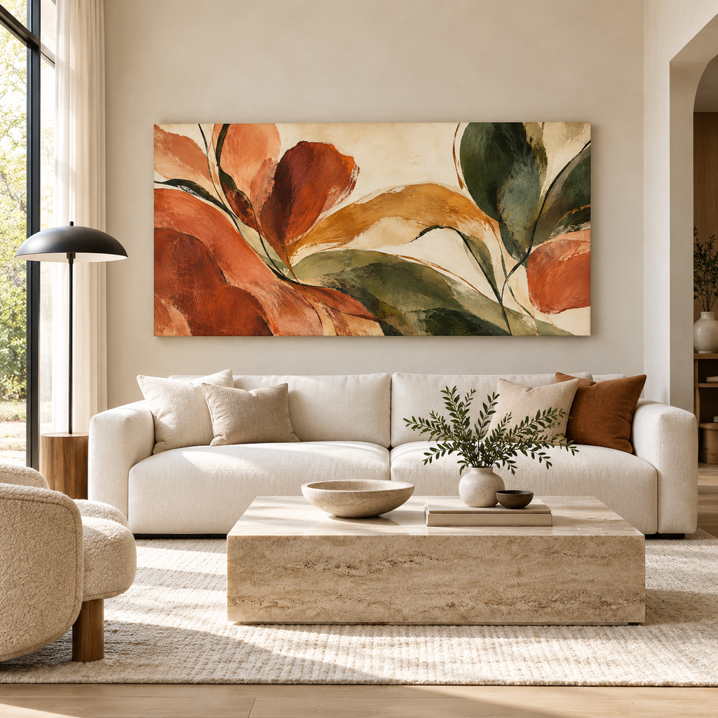 Terracotta Garden Abstract Botanical Canvas Wall Art – Earthy Olive & Rust