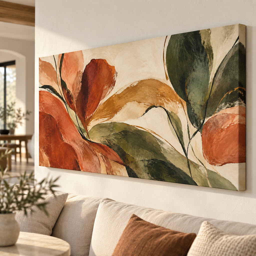 Terracotta Garden Abstract Botanical Canvas Wall Art – Earthy Olive & Rust