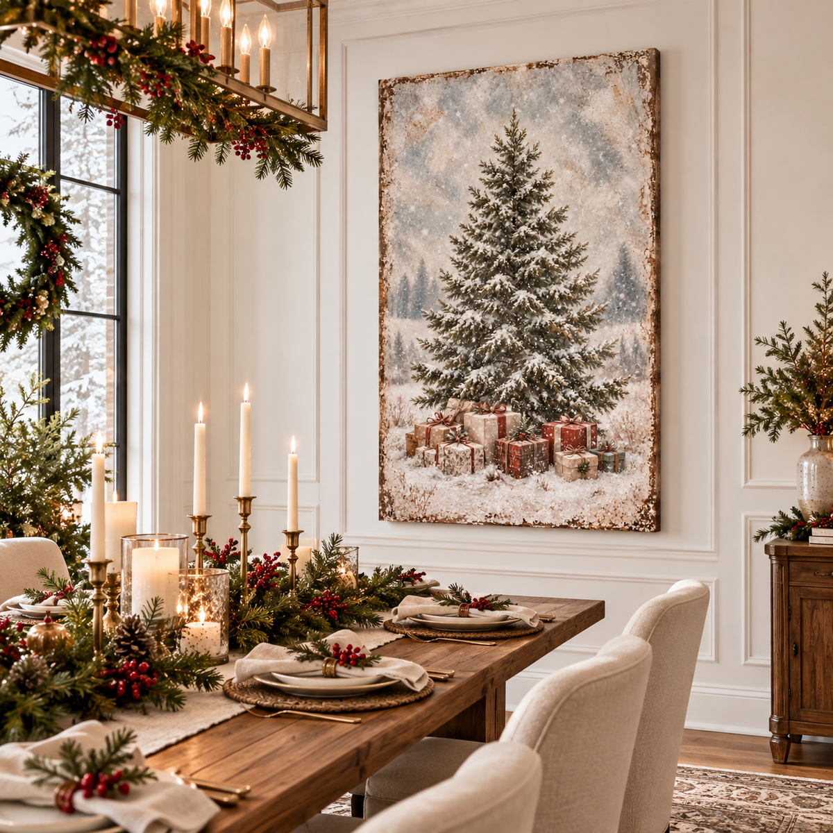 Vintage Snowy Christmas Tree & Gifts Canvas Wall Art