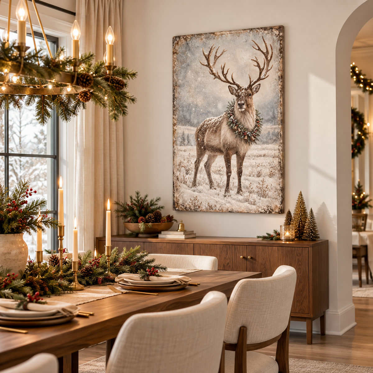 Vintage Reindeer Christmas Canvas Wall Art | Rustic Winter Décor