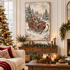 Vintage Christmas Sleigh Canvas Wall Art | Snowy Holiday Landscape