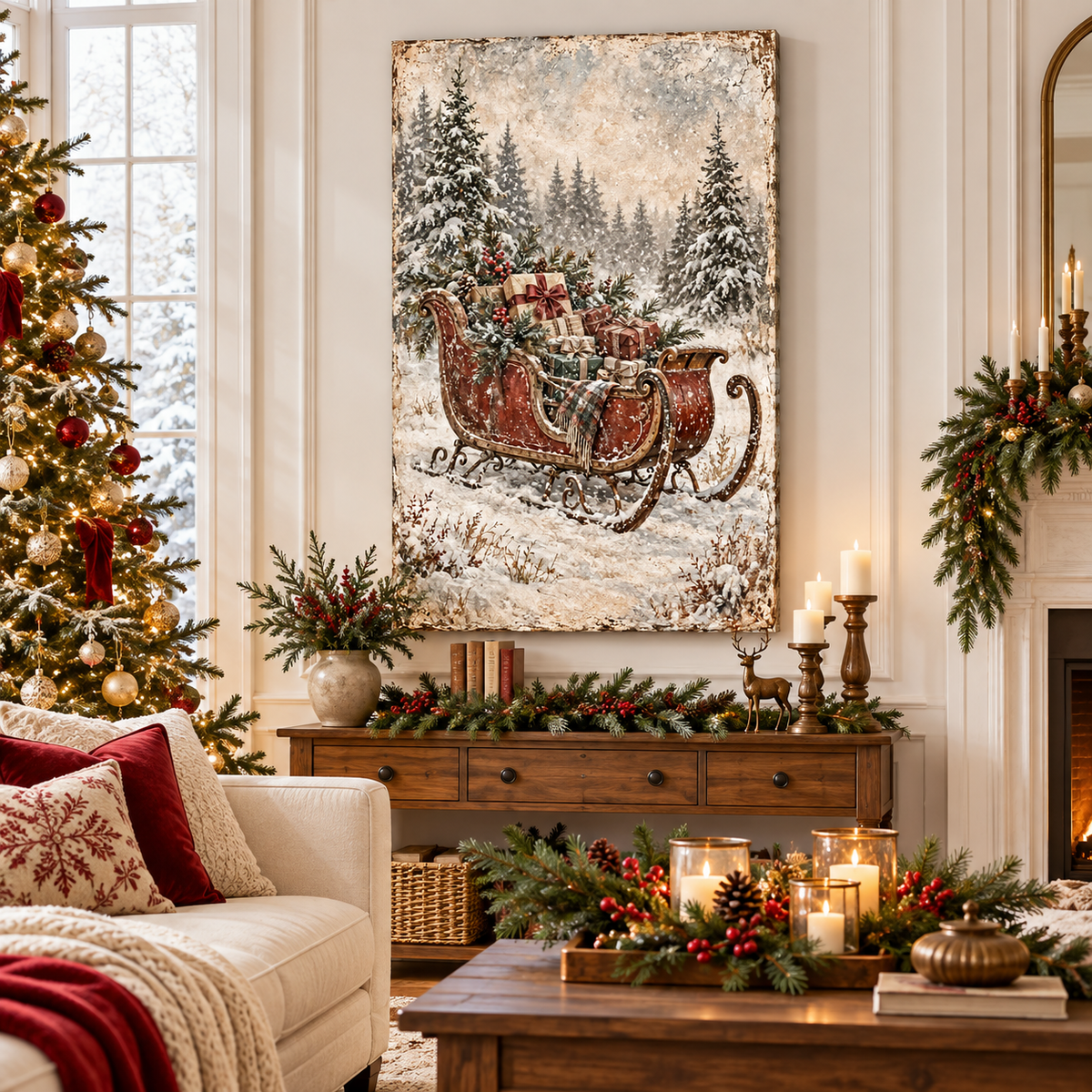 Vintage Christmas Sleigh Canvas Wall Art | Snowy Holiday Landscape