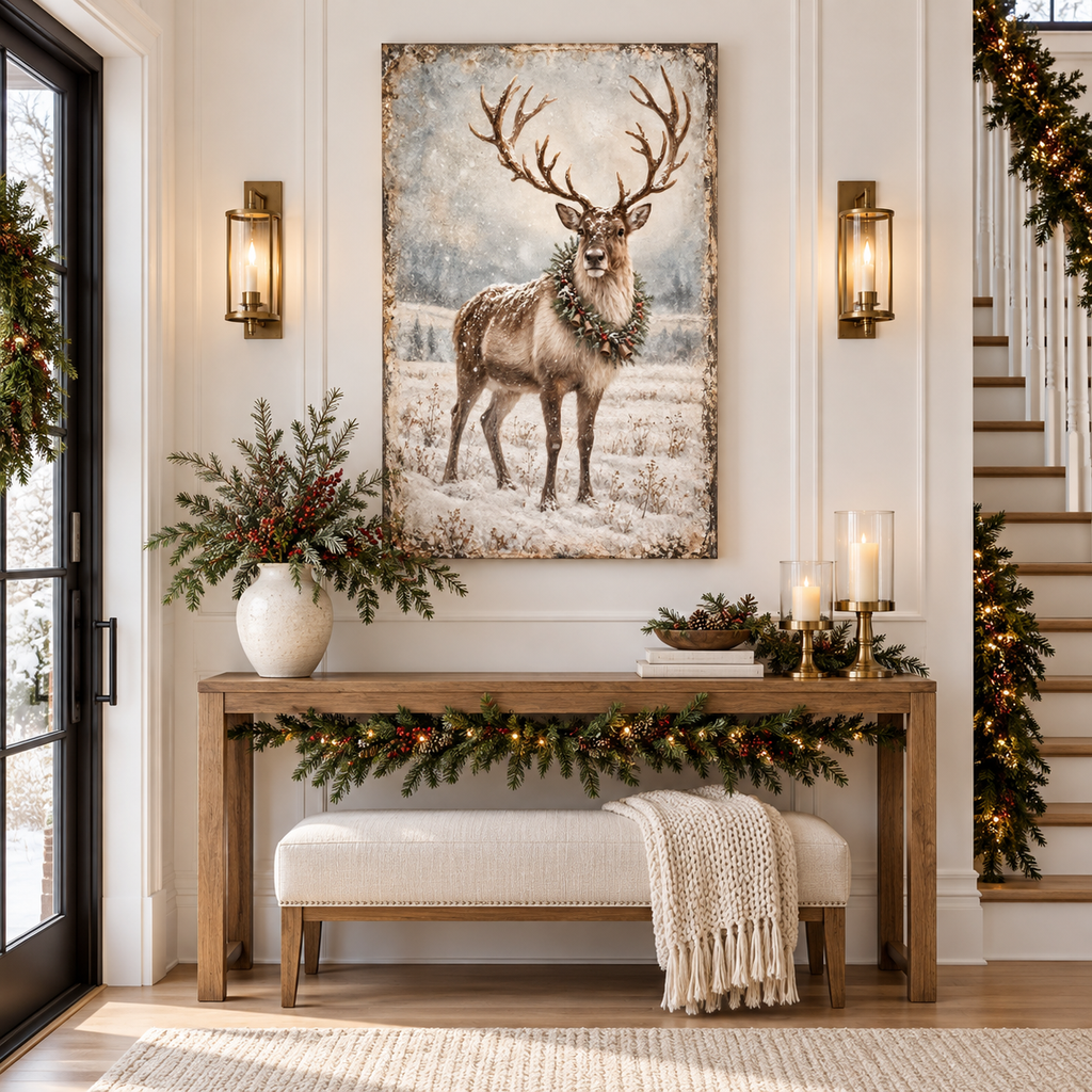 Vintage Reindeer Christmas Canvas Wall Art | Rustic Winter Décor