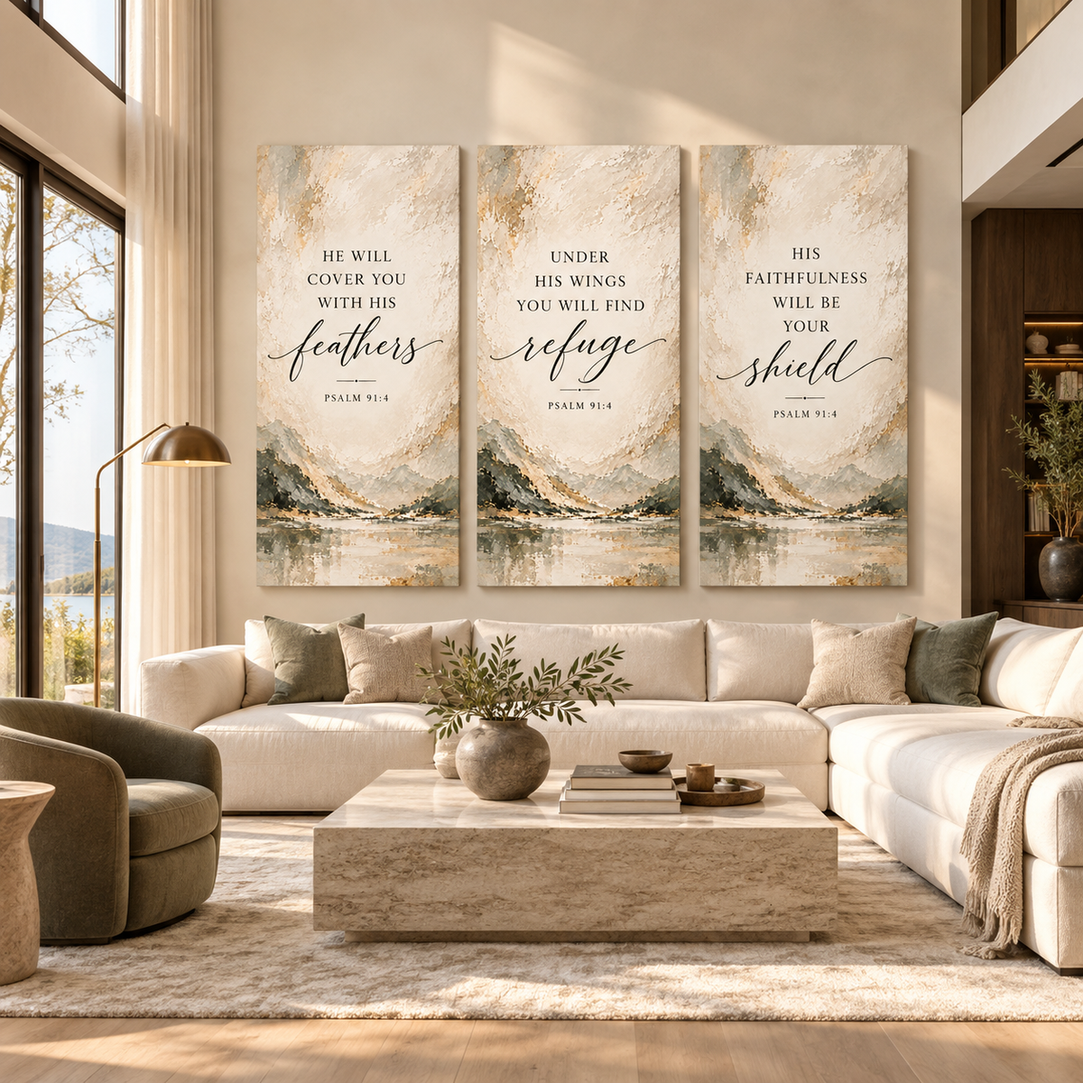 Psalm 91:4 Christian Canvas Wall Art Set of 3 – Feathers, Shield & Refuge