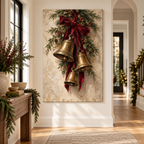 Antique Brass Christmas Bells & Evergreen Swag Canvas Wall Art