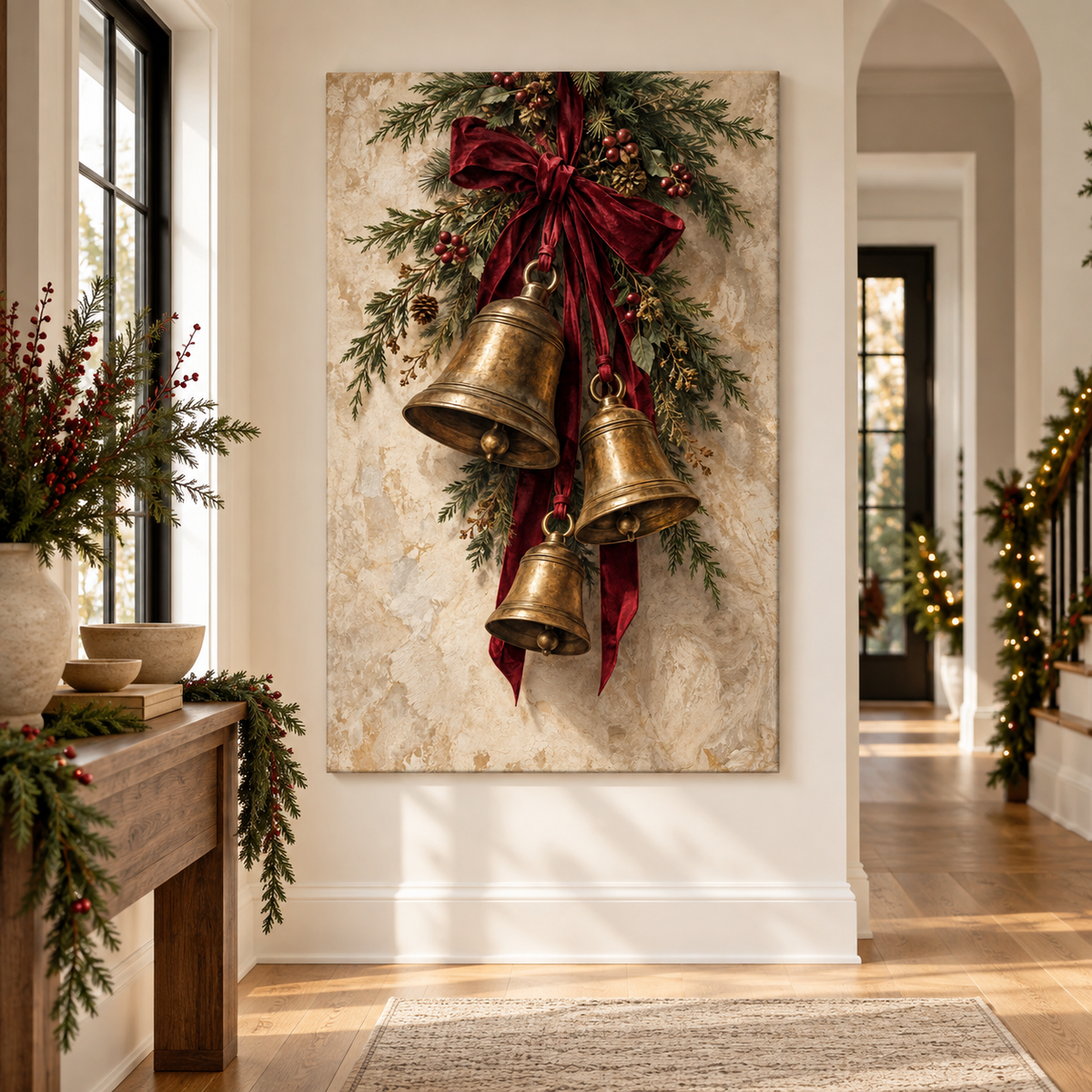Antique Brass Christmas Bells & Evergreen Swag Canvas Wall Art
